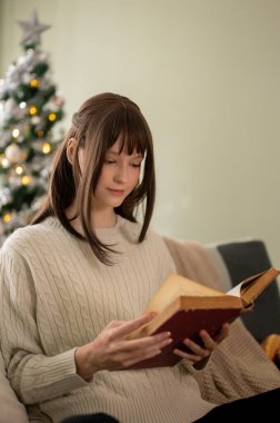 Örgü örmüş genç beyaz bir kadın oturma odasındaki kanepede kitap okuyor. Noel ağacı olan bir oturma odası. Tatil ve boş zaman kavramları