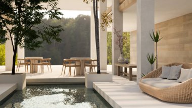 Modern, lüks, ferah bir otel odasının ya da kapalı havuzlu bir restoranın iç tasarımı, rahat bir hasır kanepe, ağaçlar, masalar ve sandalyeler ve büyük bir pencere. 3d görüntüleme, 3d illüstrasyon