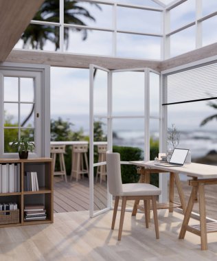 Güzel bir minimalist kahve dükkanında yüksek cam tavan ve duvarlı çalışma alanı olan bir masada dizüstü bilgisayar modeli. 3d görüntüleme, 3d illüstrasyon