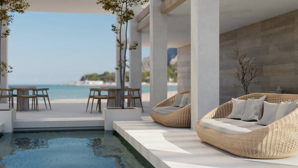 Внешний дизайн красивого открытого лофта с креслами и бассейном. , журнальный столик и вид на побережье. 3D рендеринг, 3D иллюстрация