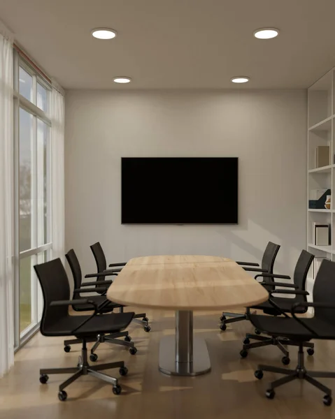 Interior design of a modern, minimal meeting room with a wooden meeting table, black armchairs, TV screen on the wall, and decor. Place of work 3d render, 3d illustration