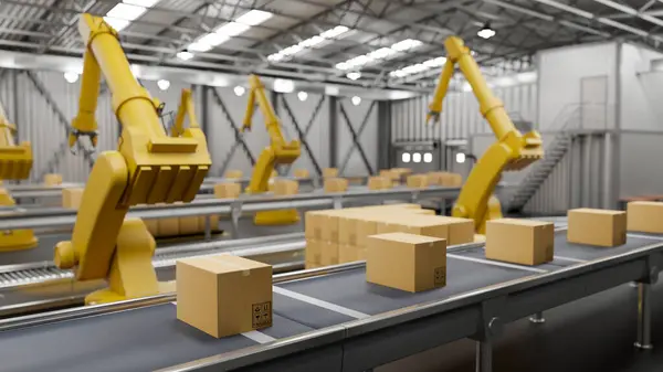Modern robot kolları ve taşıma bandında karton kutuları olan modern bir dağıtım deposu. Modern kargo taşıma endüstrisi. 3d görüntüleme, 3d illüstrasyon