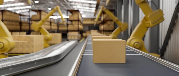 A row of cardboard boxes is on a conveyor belt in a modern distribution warehouse. Cargo freight transportation industry. 3d render, 3d illustration