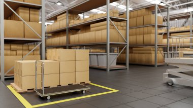 Karton kutularla dolu raflarla dolu modern bir depo. Nakliye fabrikası, kargo taşımacılığı endüstrisi, perakende satış deposu. 3d görüntüleme, 3d illüstrasyon
