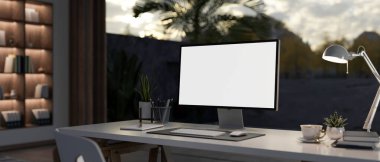 Masası olan az konforlu bir oturma odası ve modern kanepeli bir masaüstü bilgisayarı. 3d görüntüleme, 3d illüstrasyon