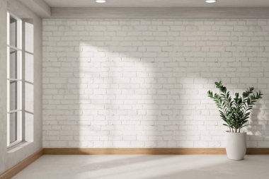 Boş oda. Minimalist beyaz oda, çiçekli, beyaz tuğlalı duvar ve pencereli. 3d görüntüleme, 3d illüstrasyon
