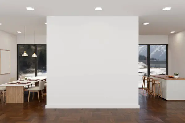 Empty white wall mockup for display your product in a modern, luxurious spacious room with a dining room and kitchen. 3d render, 3d illustration