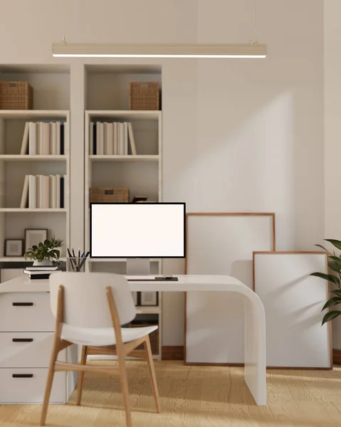 A modern, minimalist white home office or private office room with a computer mockup on a modern desk, bookshelves, posters mockup on a floor, and accessories. 3d render, 3d illustration