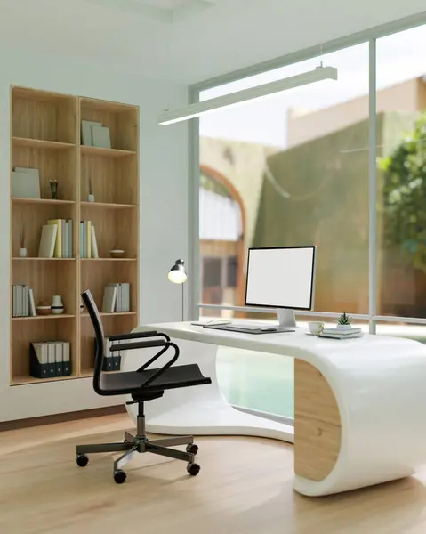 Interior design of a modern private office room or home office with a computer monitor mockup on a modern computer desk. 3d render, 3d illustration