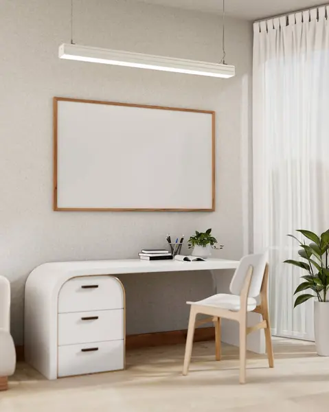 Interior design of a modern, minimalist white private office room or home office with a modern white desk, a frame mockup on a white wall, a parquet floor, and accessories. 3d render, 3d illustration
