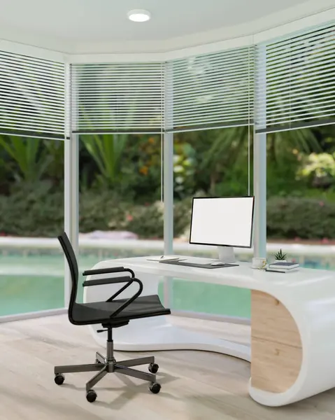Interior design of a modern private office room or home office with a computer monitor mockup on a modern computer desk against the large glass window with garden view. 3d render, 3d illustration