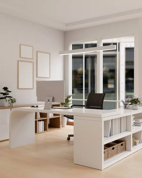 Interior design of a modern white private office room workspace with a computer on a white desk, lower bookcases, a parquet floor, and decor. 3d render, 3d illustration