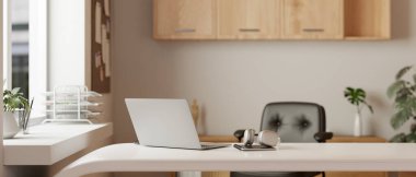 Modern ve minimalist bir ofis ya da dizüstü bilgisayarı, kulaklığı ve beyaz masasında bir kitabı olan özel bir ofis. 3d görüntüleme, 3d illüstrasyon