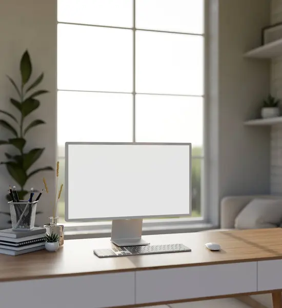 A modern minimalist white home office workspace with an empty PC computer monitor mockup on a wooden desk. close-up image. 3d render, 3d illustration