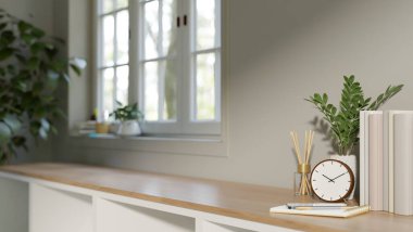 Bir kopya alanının ve aksesuarların pencereye karşı minimum ahşap bir rafta ve güzel bir İskandinav odasındaki beyaz bir duvarda yakın plan görüntüsü. 3d görüntüleme, 3d illüstrasyon