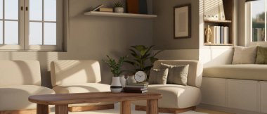 Rahat sandalyeleri, kanepesi, ahşap bir sehpası, ev bitkileri ve dekoruyla İskandinav oturma odasının iç tasarımı. 3d görüntüleme, 3d illüstrasyon