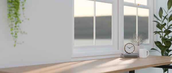 Крупный план копировального пространства на деревянном столе с аксессуарами к белой стене и окном в минималистской белой комнате. рабочий стол, рабочее место, стол домашнего офиса. 3D рендеринг, 3D иллюстрация