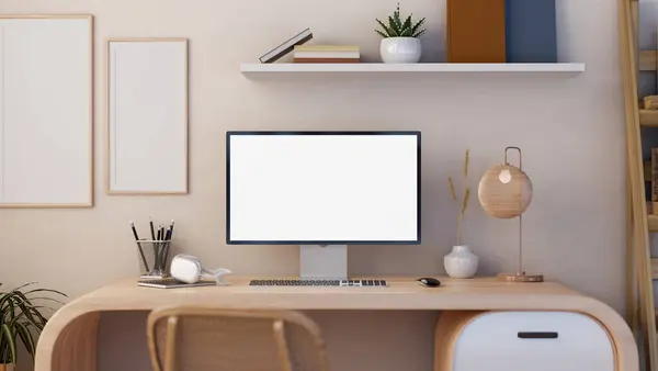 A white-screen PC computer mockup, headphones, a stylish table lamp, and accessories on a modern, minimalist wooden desk. Home office, home workspace, office desk. 3d render, 3d illustration