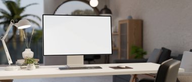 Modern bir odadaki beyaz ekran bilgisayar, masa lambası ve aksesuarlar. Çalışma alanı konsepti. 3d görüntüleme, 3d illüstrasyon