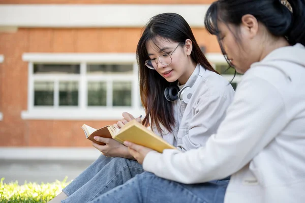 Щаслива Доброзичлива Молода Студентка Азії Читає Книгу Своїм Другом Під — стокове фото