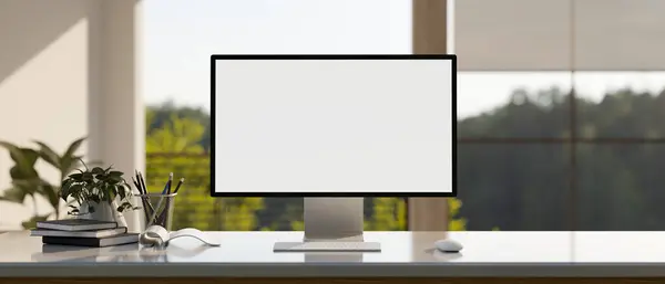 A modern private CEO office or home office room with a white-screen computer mockup and stationery on a table with a large glass window wall on the back. 3d render, 3d illustration