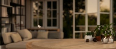 Geceleri rahat bir oturma odasında saksı bitkileri ve mumlarla dolu tahta bir masanın üzerindeki fotokopi alanının yakın plan görüntüsü. 3d görüntüleme, 3d illüstrasyon