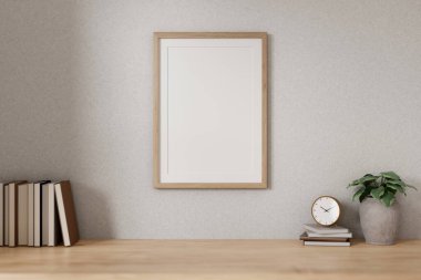 Beyaz bir duvarda minimalist ahşap bir çerçeve ve minimum İskandinav odasındaki ahşap bir masada boş bir alan. Çalışma alanı konsepti. 3d görüntüleme, 3d illüstrasyon