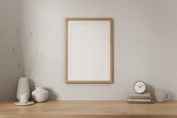 Front view of a minimalist wooden picture frame on a white wall and empty space on a wooden desk with books and ceramic vases in a minimal, Scandinavian room. 3d render, 3d illustration
