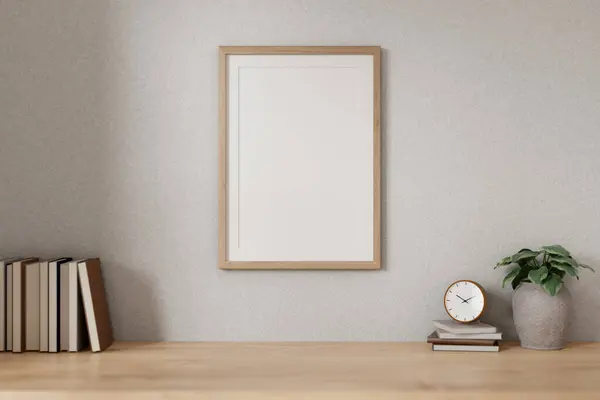 Front view of a minimalist wooden picture frame on a white wall and empty space on a wooden desk in a minimal, Scandinavian room. workspace concept. 3d render, 3d illustration