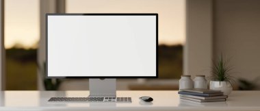 Modern bir ofis odasındaki modern çalışma alanının ön görüntüsü. Beyaz bir masanın üzerinde bilgisayar modellemesi ve dekorasyonu var. 3d görüntüleme, 3d illüstrasyon