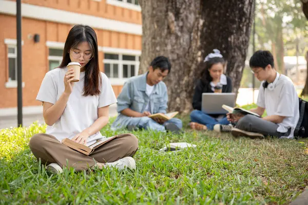 A focused, nerd young Asian female college student is reading a book while relaxing sitting on grass in a campus park with her friends. Education concept