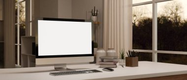 Beyaz ekran bilgisayar modeli ve aksesuarları olan rahat, modern bir ev bilgisayarı çalışma alanı. Görüntüyü yaklaştır. 3d görüntüleme, 3d illüstrasyon