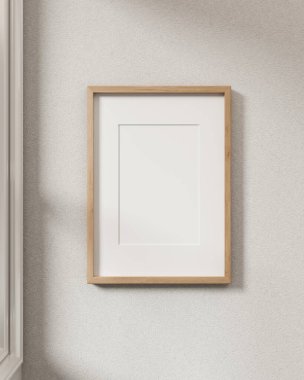 Modern İskandinav odasındaki beyaz bir duvara asılmış minimalist bir ahşap çerçeve. Görüntüyü yaklaştır. 3d görüntüleme, 3d illüstrasyon