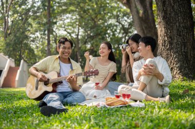Bir grup neşeli Asyalı genç arkadaş birlikte güzel yeşil bir parkta piknik yapmaktan, gitar çalmaktan, fotoğraf çekmekten, yemekten ve sohbetten zevk alıyorlar. Arkadaşlık ve yaşam tarzı