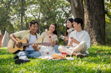Bir grup neşeli Asyalı genç arkadaş birlikte güzel yeşil bir parkta piknik yapmaktan, gitar çalmaktan, fotoğraf çekmekten, yemekten ve sohbetten zevk alıyorlar. Arkadaşlık ve yaşam tarzı