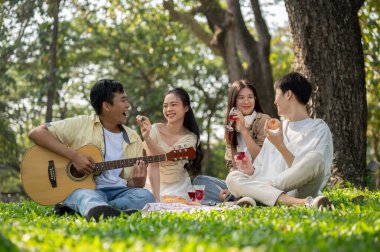 Bir grup mutlu ve pozitif Asyalı genç arkadaş güneşli bir yaz gününde yeşil bir parkta piknik yapıyor, gitar çalıyor ve yemeğin tadını çıkarıyorlar. Arkadaşlık ve boş zaman kavramları