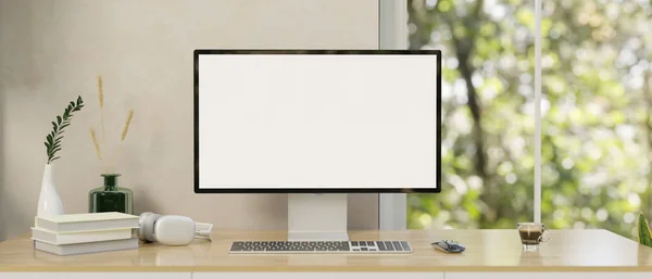 Modern minimal home workspace with a computer desk against the white wall and window, a computer white-screen mockup and accessories on a wooden table. close-up image. 3d render, 3d illustration