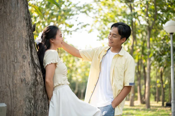A lovely young Asian couple is flirting in a beautiful green park on a bright day. lovely couple, relationship, boyfriend and girlfriend, husband and wife, bonding