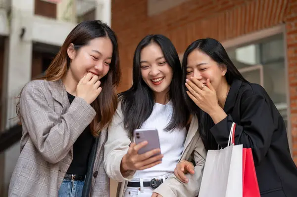 Çekici, eğlenceli Asyalı kızlar internetten ilginç bir şeye bakmaktan zevk alıyorlar. İnternetten alışveriş indirimine şaşırıyorlar. Birlikte şehirde alışveriş yapmaktan hoşlanıyorlar..