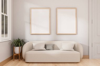 Parke zemininde beyaz rahat bir kanepesi olan, İskandinav tarzı rahat bir oturma odasının iç tasarımı beyaz bir duvarın çerçeveleri ve bir bitki örtüsü. 3d görüntüleme, 3d illüstrasyon