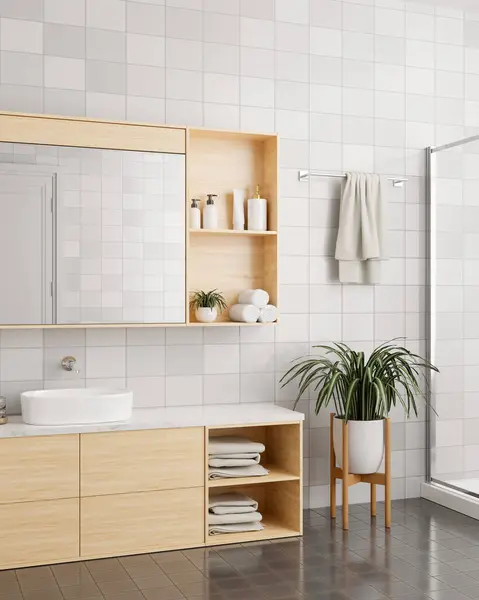 Interior design of a modern, minimal bathroom with a minimal wooden vanity sink, a mirror with cabinet, a houseplant, a towel on a rack, and tiles wall and floor. 3d render, 3d illustration