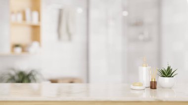İçinde sabun, şampuan şişesi, aroma ayırıcı, saksı bitkisi ve fotokopi alanı olan lüks beyaz bir masa modern beyaz bir banyonun bulanık arka planı. 3d görüntüleme, 3d illüstrasyon