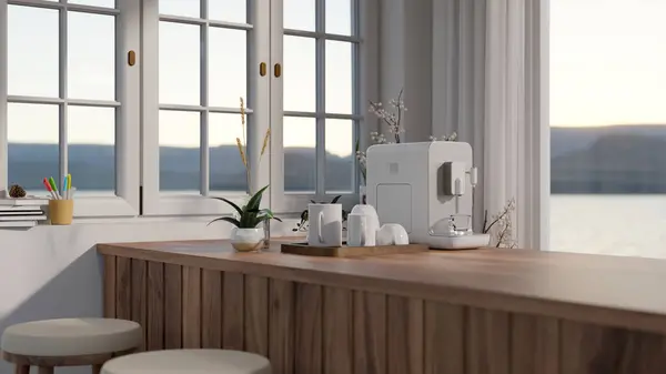 A modern coffee maker machine and a mug tray on a wooden kitchen counter bar near by a window with stools in a modern white room. 3d render, 3d illustration