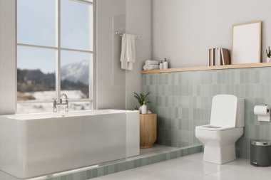 Interior design of a beautiful, modern and clean bathroom with a toilet, a bathtub near by the window, tiles wall and floor, and decor. 3d render, 3d illustration clipart