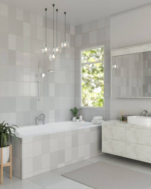 Modern, lüks bir banyonun iç tasarımı mermer bir lavabo, bir ayna, bir küvet, şık kolye ışıkları ve bir saksı bitkisi. 3d görüntüleme, 3d illüstrasyon