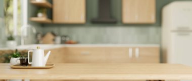 Modern bir mutfaktaki ahşap yemek masasında bir kahve fincanı ve kahve fincanı. Kopya alanı olan masa üstü. 3d görüntüleme, 3d illüstrasyon