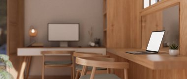 İskandinav ofisindeki ahşap bir masanın üzerindeki dizüstü bilgisayarın yan görüntüsü. 3d görüntüleme, 3d illüstrasyon