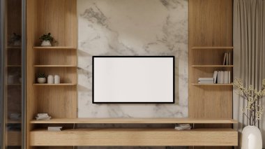 Modern, pahalı bir oturma odasındaki ahşap bir dolabın üstündeki mermer duvara monte edilmiş beyaz bir TV monitörünün ön görüntüsü. 3d görüntüleme, 3d illüstrasyon
