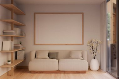Güzel, modern İskandinav oturma odasının iç tasarımı rahat bir kanepe, bir kitaplık, bir vazo, beyaz duvarda bir resim çerçevesi, ve parke zemin. 3d görüntüleme, 3d illüstrasyon