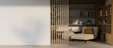 Modern İskandinav oturma odası olan boş beyaz model duvar. 3d görüntüleme, 3d illüstrasyon